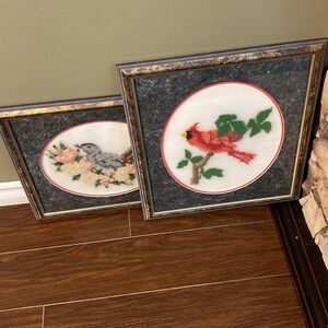 2 Vintage bird needlepoint framed art